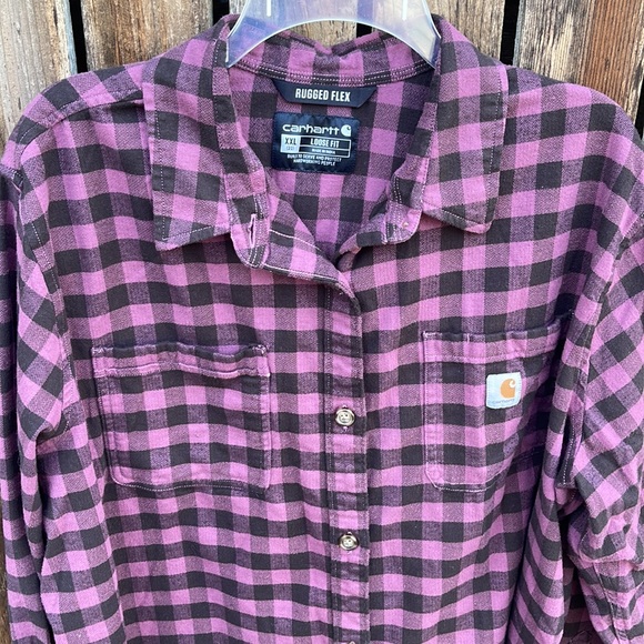 Carhartt XXL Plaid Shirt Loose Fit Rugged Flex Purple Black Long Sleeve Ladies - Picture 3 of 6